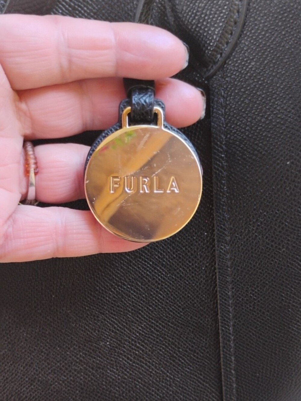 Furla Black Leather 3 Compartment Tote with Gold Charm No Callouts - Picture 6 of 14
